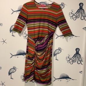 Betsey Johnson Draped Ruched Cinched Earth Tone Striped Dress